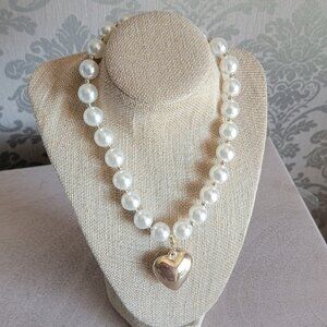 Faux Pearl Necklace with Gold Tone Heart
